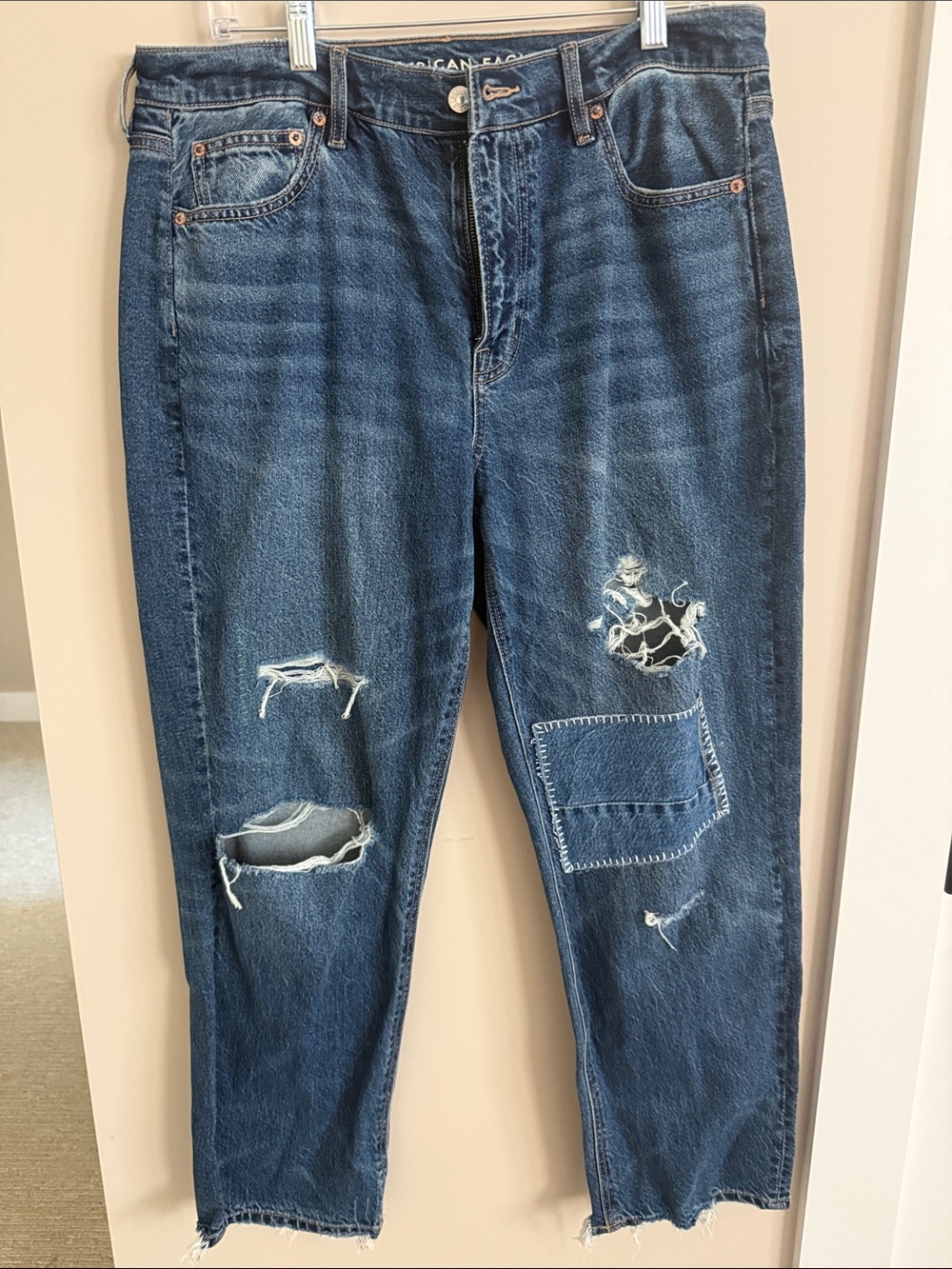 American Eagle Outfitters Dark Blue high rise straight Jeans with Patches